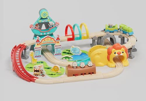 Lehoo Castle träbana, dinosaurielok, fritidspark trä järnväg barn med lejunnel, träjärnväg tillbehör, träleksaker för barn från 3 år