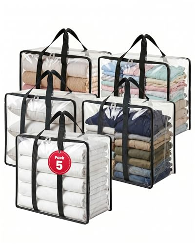 unycos - Scatole per Armadio x 5 Unità【40L】 Contenitori Sottoletto Trasparenti in PVC, Salvaspazio, Pieghevoli con Manici Rinforzati e Cerniera Bidirezionale per Maglioni, Cappotti (46 x 23 x 38 cm)