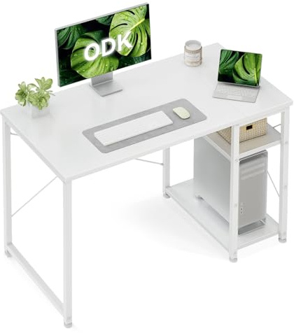 ODK Desk with Storage Shelves, Small Computer Desk, 100 x 48 cm, White | Office Desk with Adjustable Shelves，Reversible Study Work Desk for Home Office, Simple Assembly, Modern Style in Small Space