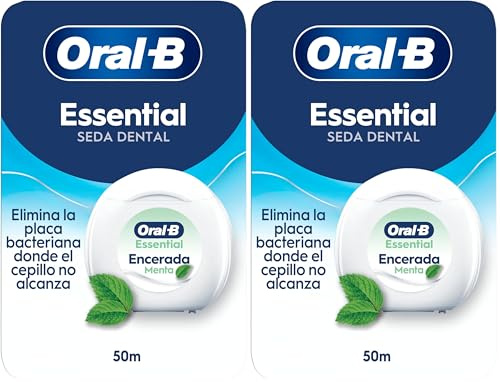 Oral-B Essential Floss Hilo Dental Encerado para Espacios Reducidos, 50 m - Seda Dental Resistente al Desgaste, Elimina La Placa, Sabor a Menta, Cinta Dental con Cera (Paquete de 2)