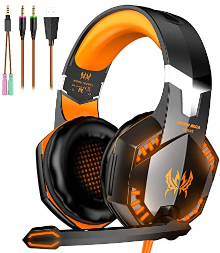 VersionTECH. G2000 Gaming Headset, Bass Surround Gaming Headphones with Noise Cancelling Mic, LED Lights, Soft Memory Earmuffs for PS5/ PS4/ Xbox One Controller/Laptop/PC/Mac/Nintendo NES Games-Yellow