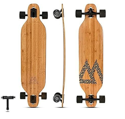 Magneto Bamboo Carving Longboard Skateboard Wood Deck - Drop-Through Deck for Stable Cruising - Longboard with Gold Bearings & Aluminum Trucks - 250 lb Weight Capacity, 38.5in x 9in