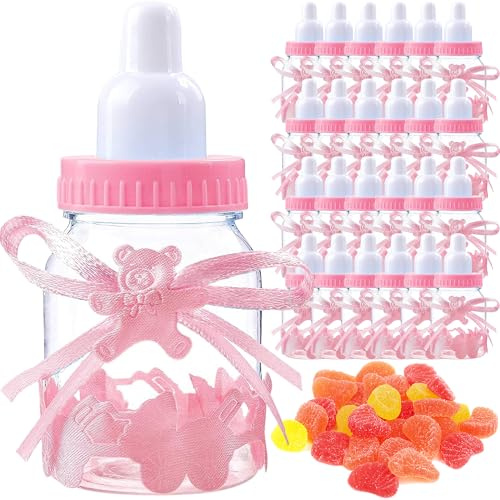 MINGZE 24 piezas Biberón de Plástico, Mini Botella de Caramelo Caja de Regalo para Fiesta Caramelo Recuerdo de Bautizo Ducha Baby Shower Cumpleaños Fiesta Bebé Favorece Decoraciones (Rosa)