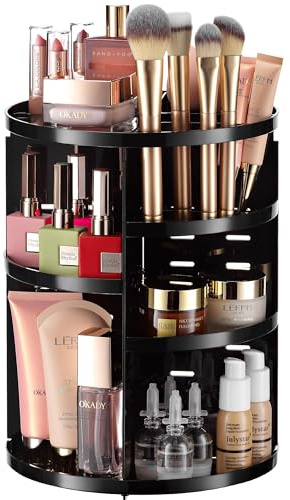 360 Rotating Makeup Organizer - Adjustable Shelf Height and Fully Rotatable. The Perfect Cosmetic Organizer for Bedroom Dresser or Vanity Countertop. (Black)