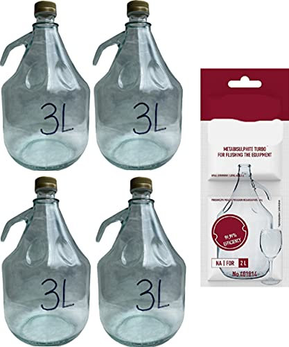 lilawelt24 4 x 3L Flasche mit Schraubverschluß + Schwefelpulver GLASBALLON Weinballon GÄRBALLON GLASFLASCHE Flasche Gallone Leere Glasflasche zum Befüllen