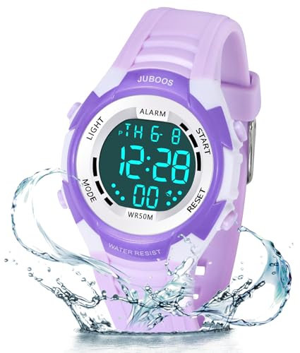 Juboos Kinder Digitaluhren, 7 Farben LED-Licht, Wasserdicht, Alarm, Stoppuhr, Outdoor Armbanduhr für Kinder 5-18 Jahre (Violett)