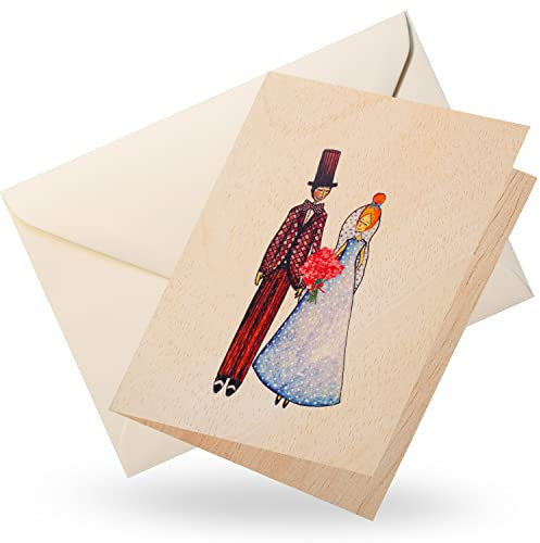 Cozywood Hochzeitskarte vintage, Glückwunschkarte, Hochzeitskarten aus Holz, Grußkarte zur Hochzeit, besondere Hochzeitseinladungskarte Geldgeschenk Einladung, Brautpaar mit Blumen