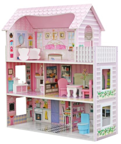 Maison de poupée en bois classique | Ensemble de meubles 10pcs | 3 Étages | 62x27x70cm