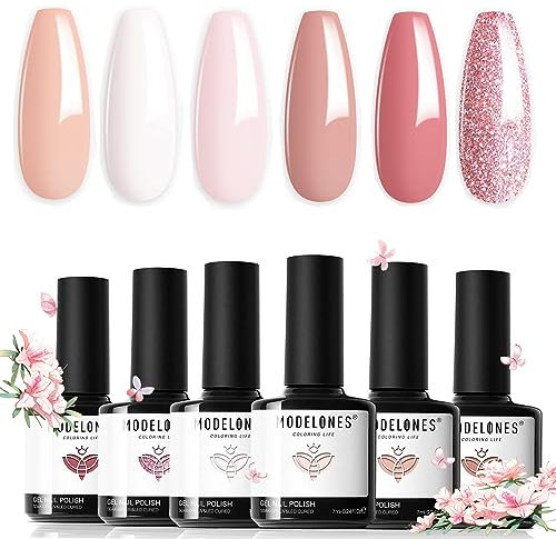 Modelones Pink Gel Nail Polish Set, 6 Colors Nude Gel Polish White Pastel French Nail Polish Glitter Pink Soak Off LED Nail Starter Kit Nail Varnish DIY Salon Manicure Gift for Woman