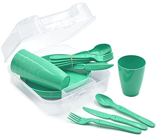 31-teiliges Picknick-Set, Picknickkorb und Mehrweggeschirr für 6 Personen, idealer Picknickkoffer für Camping, Strand, Wohnmobil, und Rucksackreisen (Grün)