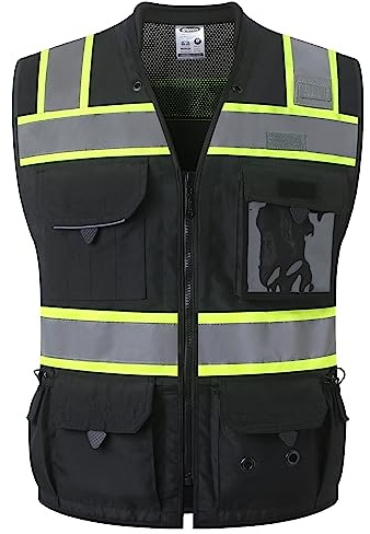 JKSafety Hi-Vis Black Surveyor Safety Vest for Men Women High Visibility Reflective Construction Vest Mesh Cushioned Collar Heavy Duty PPE Inner Pockets ANSI/ISEA Compliant(188-Black L)