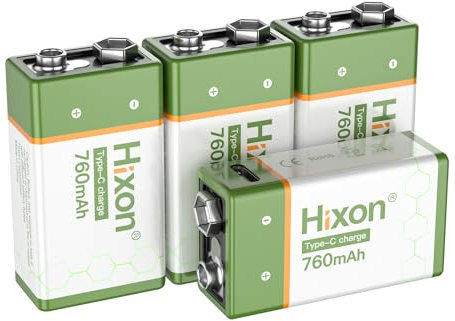 Hixon Batería de litio recargable de 9 V, 9 V, 760 mAh, cable de carga tipo C, para detector de humo y multímetro, 4 pilas de litio de 9 V
