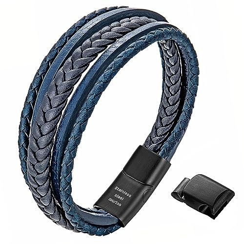 murtoo Herren Armband Edelstahl Echtleder Armband Naturstein Geflochten Mit Magnet Verschluss (22.5cm, blau)