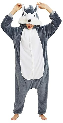 Combinaison Pyjama Adulte Kigurumi Chaude et Confortable Hiver Polaire Pilou Une Pièce Douce avec Capuche Déguisement Adulte Thermique Onesie Noel Famille Cosplay Anime Unisexe (M, Loup Arctique)