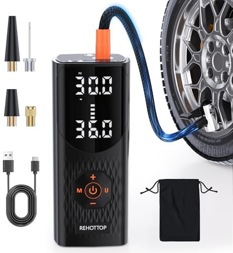 REHOTTOP Tire Inflator Portable Air Compressor, 160 PSI Cordless Air Pump for Car Tires with Digital Pressure Gauge, LED Light & Auto Shut-Off, 5X Fast Inflation for Car, Motorcycle, Bicycle, Ball