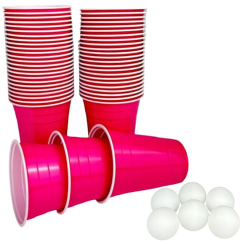 Plastikbecher in pink mit 6 Bällen - pinkes Partybecher Set - 50 Premium Trinkbecher (473 ml) in pink + 6 Ping Pong Bälle