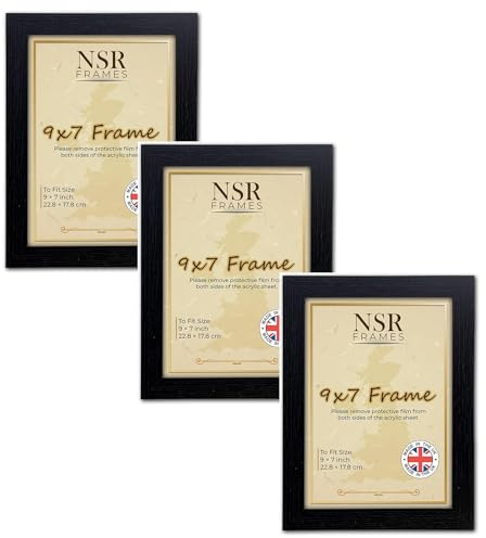 9x7 inch Black Picture Frame Set of 3 Picture Photo Frames - Flat Wall Mount Hang Hooks & Tabletop Stand Poster Wooden Portrait/Panoramic Acrylic Artwork Display