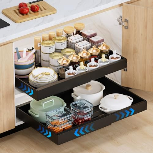 2 Pack erweiterbar ausziehbare schublade küche mit Kleber, ausziehbarer schrank organizer, Stick Slide Out teleskopschublade Cabinet Pull Out für Küche Pantry Organisation Einstellbare Breite 32-53cm