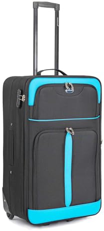 Aerostar Medium 26” Lightweight Softshell Expandable Suitcase, Check in Luggage 2 Corner Wheels with Integrated Combination Lock (Black/Aqua, 70 litres)