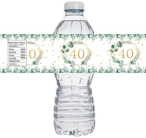 VTOS Greenery Water Bottle Stickers, 50 Pcs Eucalyptus Gold 40th Birthday Water Bottle Wraps Green Plant Water Bottle Labels for Anniversary Party Favor