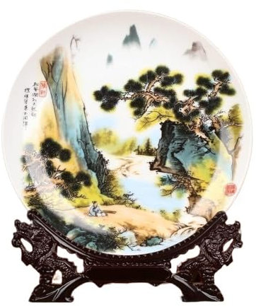 JingdezhenPorcelainDekorativ Wobble-platta, Pastell kinesisk stil Kinesisk målning Landskapskonst Runda motiv Traditionellt mönster Dekorativ keramisk väggplatta for bröllopsmottagning dekoration