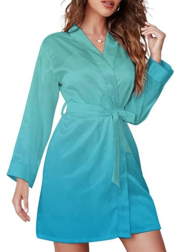 TZTTZT Vestaglia corta a maniche lunghe per le donne, verde acqua turchese (1) morbido accappatoio con cintura camicia da notte indumenti da notte abbigliamento da casa, Nero, S