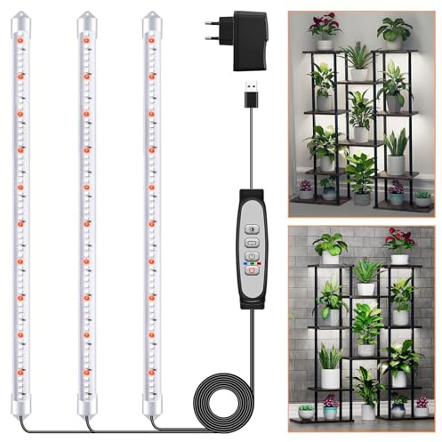 3 Barras de Luz para Cultivo de Plantas, Lámpara de Luz Solar de Espectro Completo con Temporizador 6/12/18H, 5 Niveles Regulables para Suculentas, Estante para Plantas, Bajo Armario