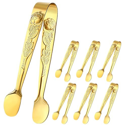 YUXIANLB 6 mini pinze da portata dorate, 10,2 cm, in acciaio inox, per cubetti di zucchero, piccole pinze per antipasti e ghiaccio, per caffè e tè