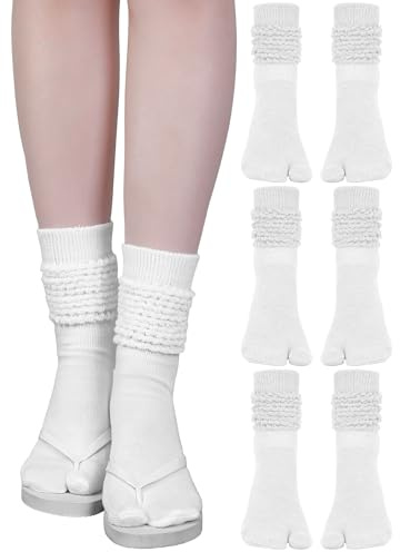 Fourluoo 3 Pairs Tabi Split Toe Socks, White, 5-8