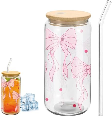 Glass Cups with Lids and Straws, Bow Iced Coffee Cup 16oz, Pink Glass Cups with Lids, Cute Clear Tumbler Aesthetic Cup for Coffee, Vintage Bows Coquette Gifts for Women Girls Friends