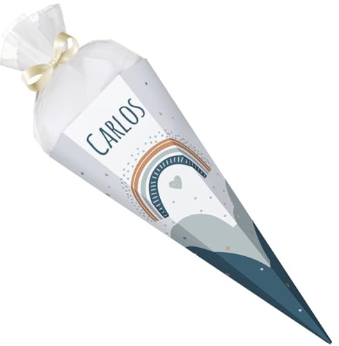 GRAVURZEILE - Cornet surprise imprimé - Arc-en-ciel - Personnalisé avec nom - Cadeau de rentrée des classes - Sac à sucre hexagonal pour garçons et filles - 61 cm avec fermeture en tulle - Couleur