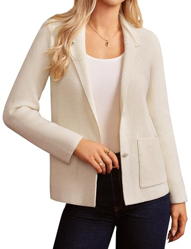 GRACE KARIN Blazer cardigan da donna elegante a maglia a maniche lunghe con colletto a risvolto e abbottonatura business, beige., L