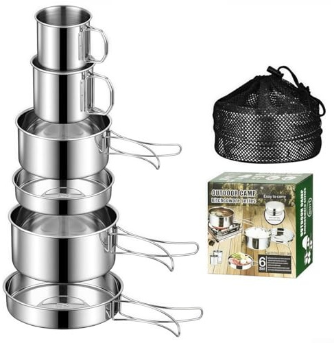 Lot de 6 ustensiles de cuisine de camping en acier inoxydable, casseroles pliables, kit de cuisine léger pour le camping et la randonnée