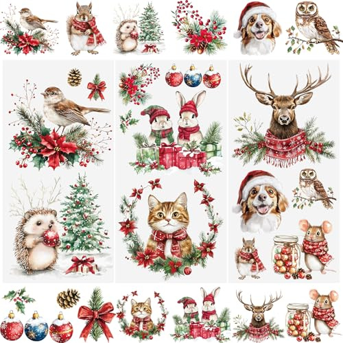 WANDIC 3 Sheets Cute Christmas Rub on Transfer Stickers,Moose Window Decals Christmas Tree Scrapbook Stickers Berries Cup Decals Decoupage Paper for Furniture,15 * 30cm