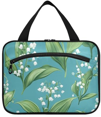 Cartoon Lily of The Valley Turquoise Hanging Travel Bag Toiletry kit with Hook, Designer Compact Makeup Bag Organizer for mom Traveling Bolsa para maquillaje L