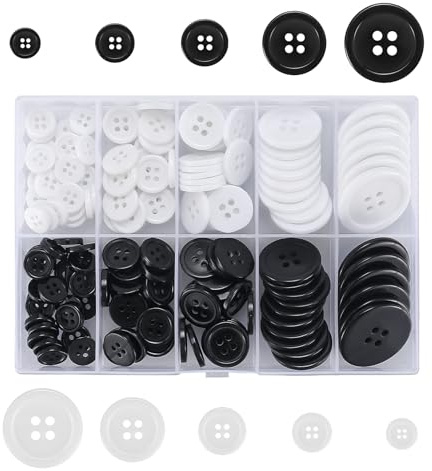 Dreamil Lot de 100 boutons à 4 trous en résine - Taille : 10 à 25 mm - Noir et blanc - Pour chemises, robes, manteaux - Couture - Boutons en résine robustes avec boîte de rangement pour accessoires de