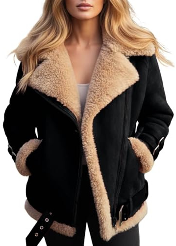 Leder Jacke Damen Gefüttert Warm Lederjacke Winter Innenfutter Winterjacke Vintage Fellkragen Lederjacke Innen Mit Fell Fleece Motorrad Jacke Reißverschluss Einfarbig Bequemes Winddicht Outdoorjacke