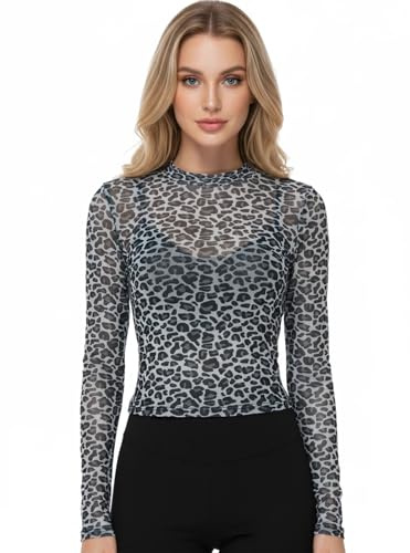 ZXTGBQ Camiseta Transparente Mujer Top de Manga Larga Camiseta Estampado de Leopardo Sexy Malla Top, Ropa para Discoteca Slim Chic Blouses Sheer Clubwear Casual T-Shirt Pullover