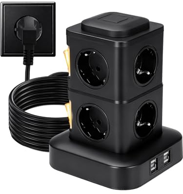 Torre Regleta Enchufes 8 Tomas AC y 4 USB Enchufe Multiple 2500W/10A Regleta Enchufes Protección contra Sobretensión Regreltas Vertical 3metro con Interruptor para Oficina y Hogar