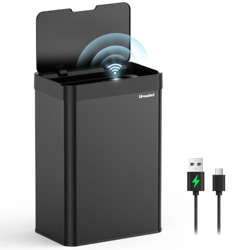 lovewind Cubo de Basura Cocina con Sensor 55L, Cubo Basura Automático Recargable con Puerto USB-C, Cubo de Basura Inteligente de Acero Inoxidable con Tapa, para Cocina y Oficina, Negro