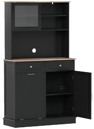 KOMFOTTEU Credenza Alta da Cucina con Supporto per Bidoni della Spazzatura, Mobile Cucina Dispensa con Piano di Lavoro in Legno di Gomma, 2 Cassetti, Armadietto Buffet con Ripiani Regolabili (Nero)