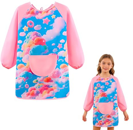 LdawyDE Bata Pintura Niños, Delantal Impermeable Babis Escolares con Mangas y Bolsillo para Niños de 6 a 10 Años para Manualidades, Dibujar y Artesanía, Fácil de Limpiar y Lavable a Máquina (Rosa)