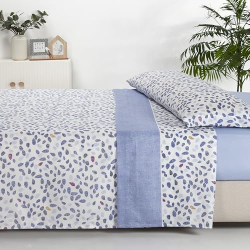 Sábanas 135x190 - Juego de Sábanas 3 Piezas - 100% Microfibra Suave y Transpirable - Sábana Bajera Ajustable, Encimera y Funda Almohada - Ropa de Cama Estampada (Harper Azul)