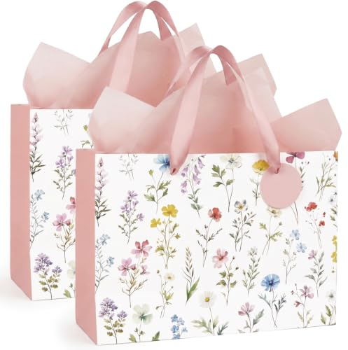 2 Pcs Small Floral Gift Bags with Tissue Paper & Tags for Women Birthday | Watercolour Wildflower, 230GSM Cardstock, 11 x 3.9 x 7.9 in, for Mum, Teacher, Bridesmaid, Wedding