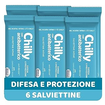 Chilly Salviettine con Antibatterico, Salviette per l'Igiene Intima, Azione di Difesa, Tessuto 100 % Biodegradabile, Ottimi Fuori Casa, PH 5, Clinicamente Testato, Confezione da 6 Pezzi