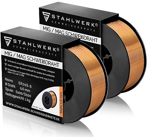 STAHLWERK MIG/MAG - Alambre de soldadura de acero (0,6 mm de diámetro, 2 unidades, ER70S-6 (SG2), bobina D100 de 1 kg para mandril de 16 mm, uso universal, alambre macizo de soldadura de alta calidad