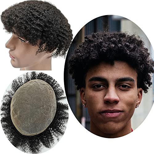 Afro Toupet Cheveux Humains pour Hommes Yanahair Respirant Suisse Dentelle Avec PU Postiche Base Perruques,8x10 pouces de Densité Moyenne Légère Postiche pour Hommes(#1 Noir de jais,8mm bouclette)