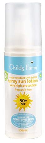 Childs Farm Kids and Baby Sonnenmilch Spray LSF 50plus Wasserabweisend UVA und UVB Sehr hoher Schutz Geeignet für trockene, empfindliche und zu Ekzemen neigende Haut 100ml