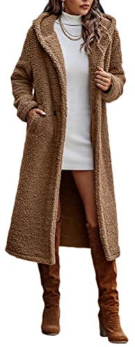 ticticlily Manteaux Femme Hiver Long Chic Élégant Veste en Peluche Fausse Fourrure Teddy Sherpa Blousons à Capuche Polaire Vestes de Transition Printemps Outwear A Kaki XL