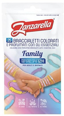 Zanzarella, 25 Braccialetti Colorati e Profumati Family, Con Oli Essenziali, Profumati Fino a 12H, Per Adulti e Bambini, Utilizzabili A Casa, All'Aperto, Al Mare, Confezione da 24
